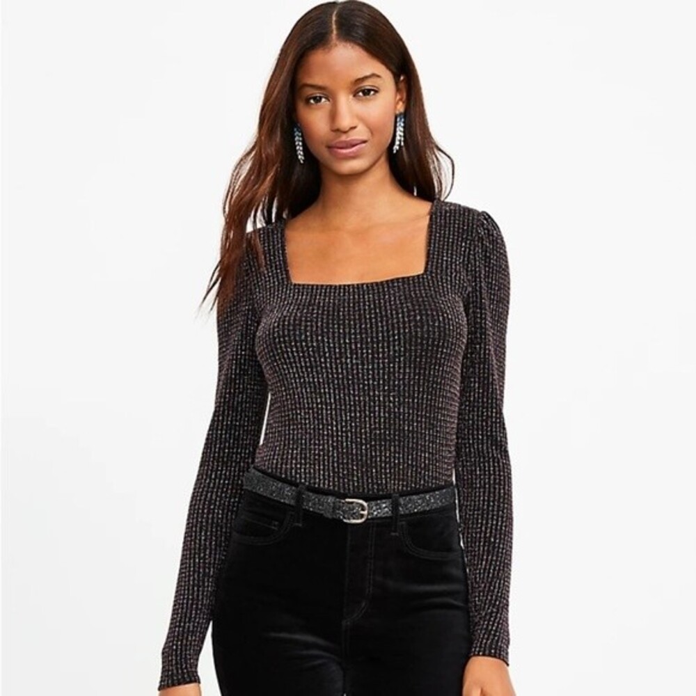 NWT LOFT Square Neck Multicolor Sparkle Thread Ribbed Long Sleeve Top